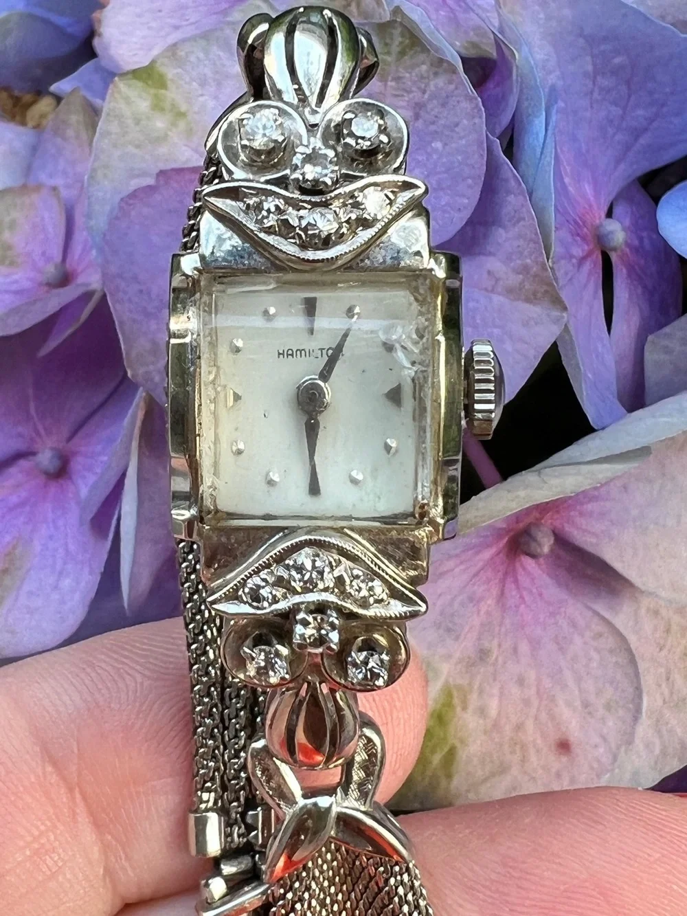 ANTIQUE VINTAGE LADIES 14K WHITE GOLD HAMILTON DIAMOND WRIST WATCH WORKING CONDT
